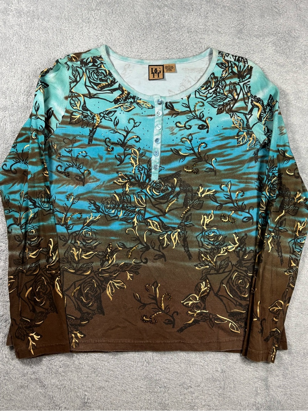 Y2K style blue & brown long sleeve top with rose print gold accents